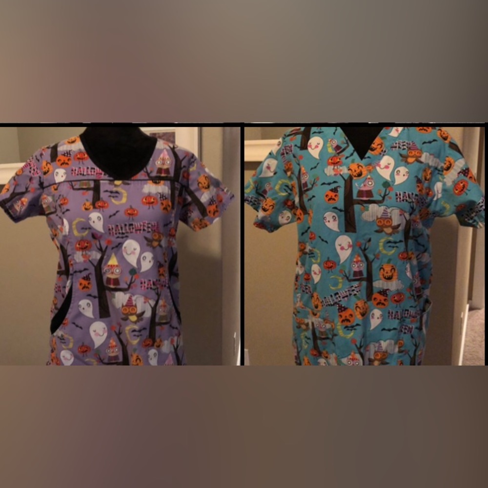 2 Halloween scrub tops. Set of two!! Size small. Purple and teal.
